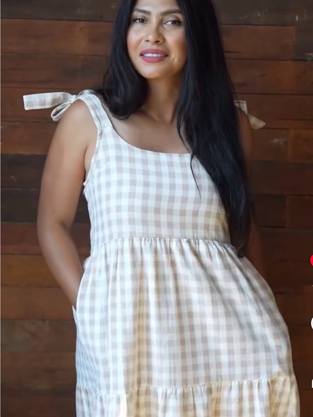 Little Cottonwood Tie-Shoulder Gingham Midi Dress in Beige and White
